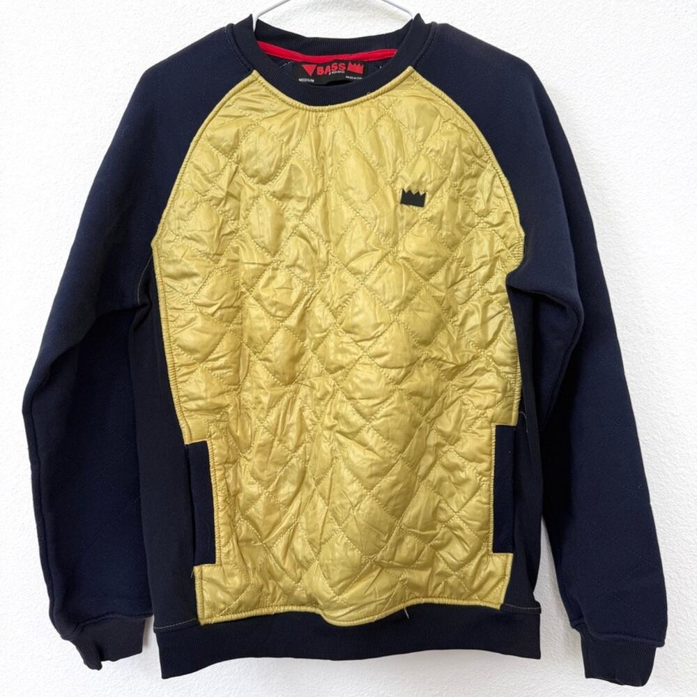 BASS by Ron Bass Sweatshirt Gold Quilted Panel Crewneck Urban Navy M‎ Streetwear